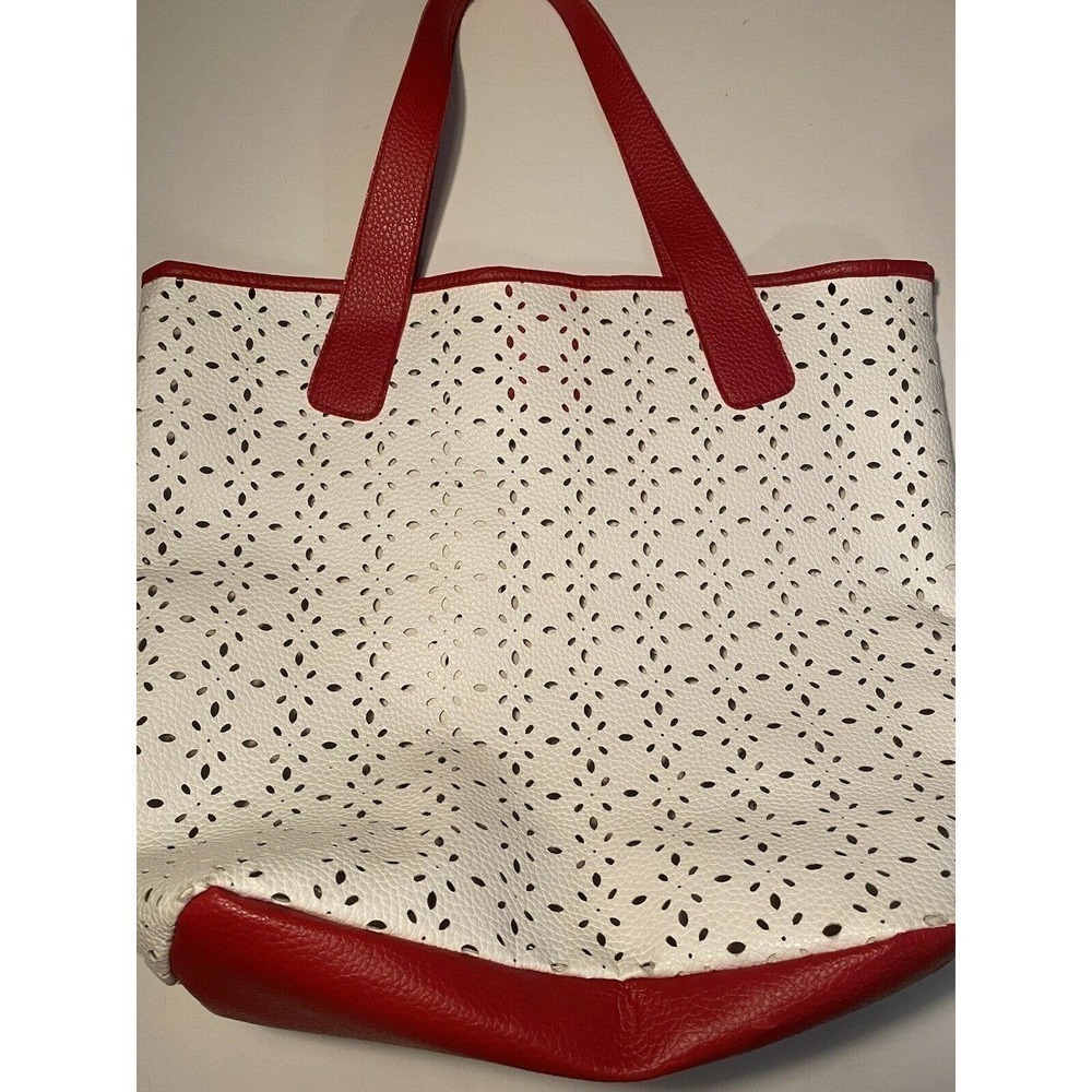 Saks Fifth Avenue Red White Faux Leather Perforated Tote Bag Purse Large Snap
